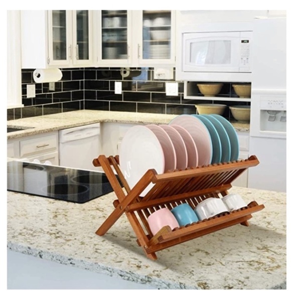 Dish Drying Rack 2 Tier Wood Folding Kitchen Storage Natural Brown Pine - Picture 4 of 11